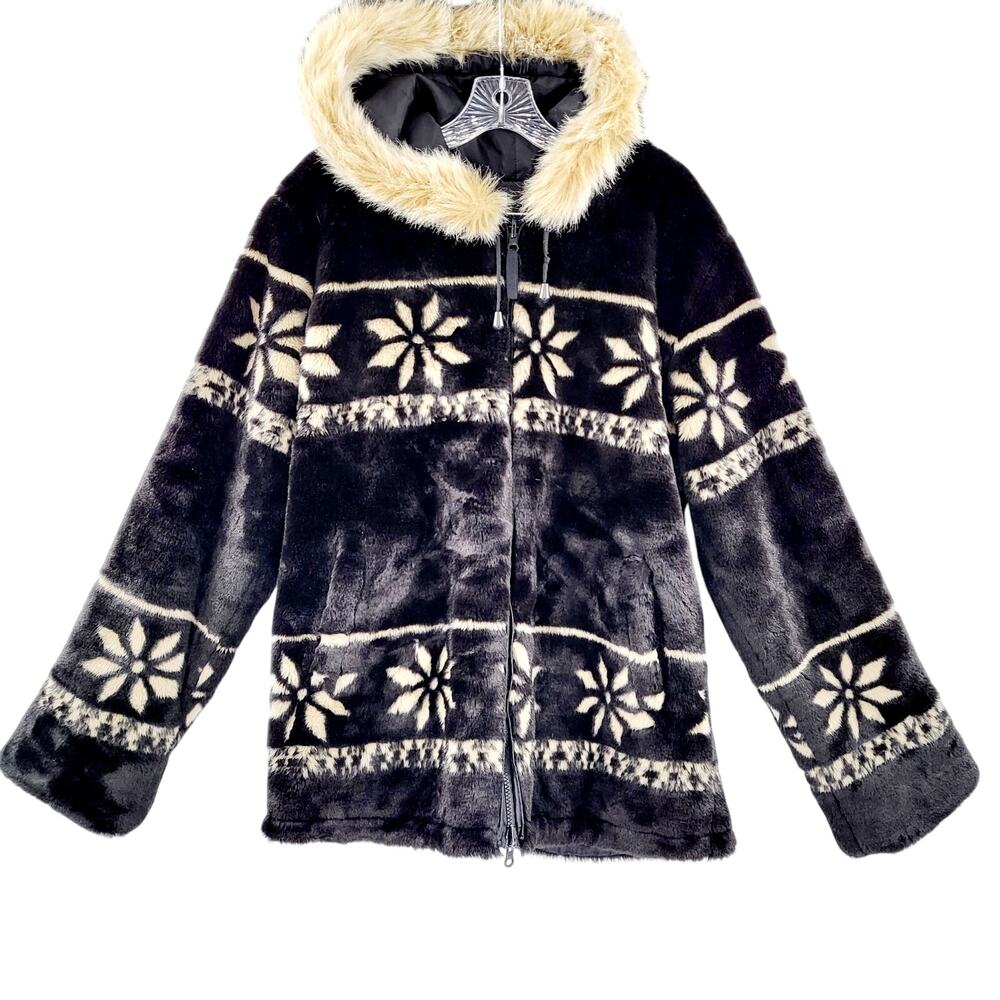 Vtg 90s New York Classics Black & Tan Faux Fur Snowflakes Hooded Winter Coat M